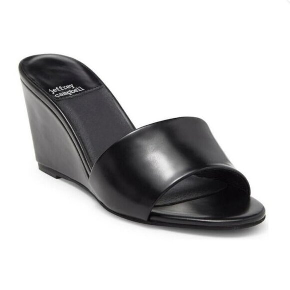 Jeffrey‎ Campbell Raelynn Womens Black Leather Slip-on Wedge Sandals Size 10 - Picture 1 of 14